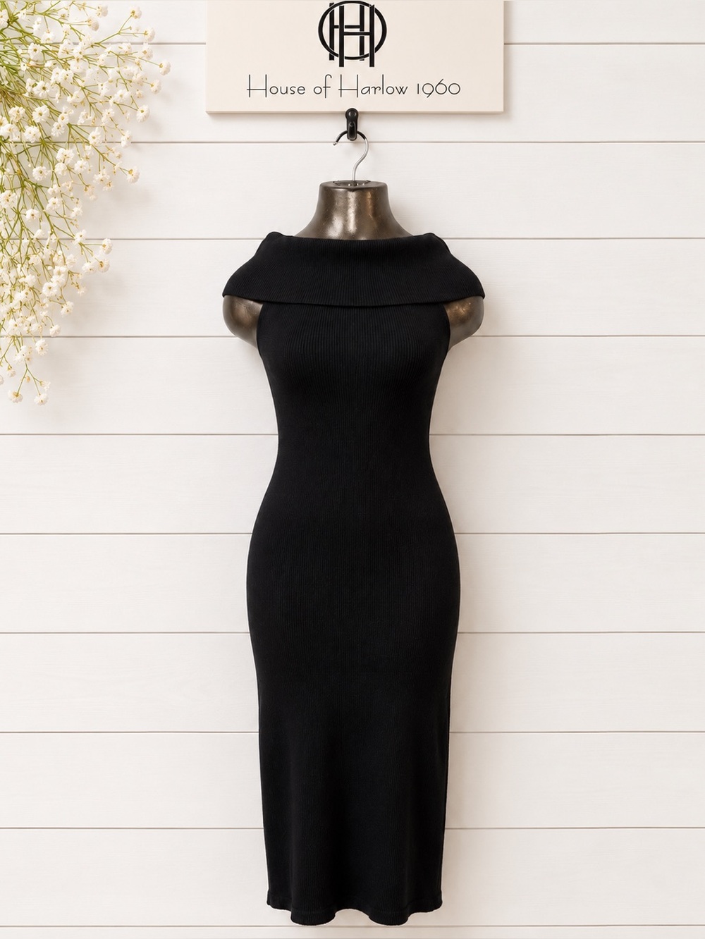 HOUSE OF HARLOW 1960 Black Ribbed Midi Dress Size M